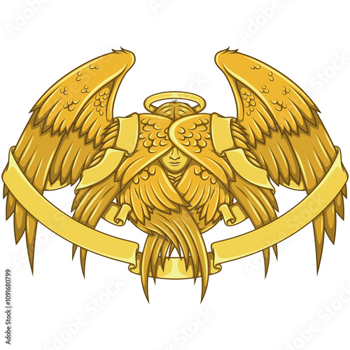 Angel with six wings and ribbon, angelic face of the Catholic religion, archangel and surrounded by heavenly scroll
