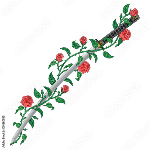 Samurai sword surrounded by a plant, feudal ancient Japanese katana with roses, weapon used by samurai warriors with roses