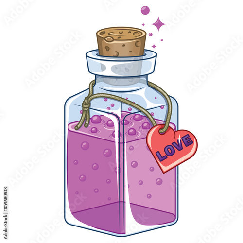 Glass bottle with liquid substance for love, magic potion containers with cork