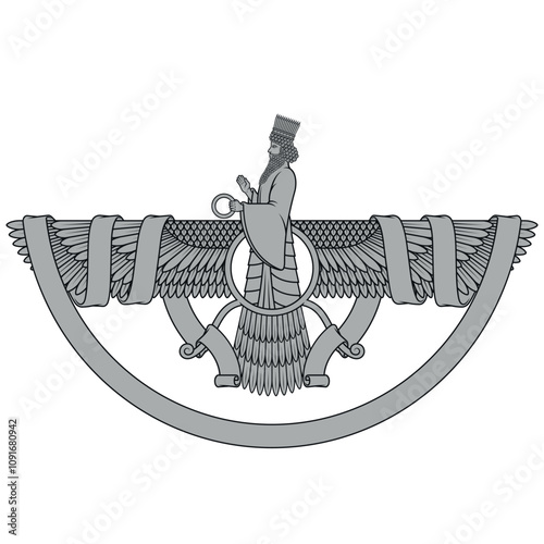 Adobe Illustrator ArtworkVector design of Faravahar symbol, symbol of Zoroastrian religion, prophet Zoroastrianism on winged disk surrounded with ribbon