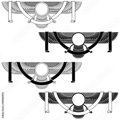 Vector design of Faravahar symbol, symbol of Zoroastrian religion, winged sun disk surrounded with ribbon