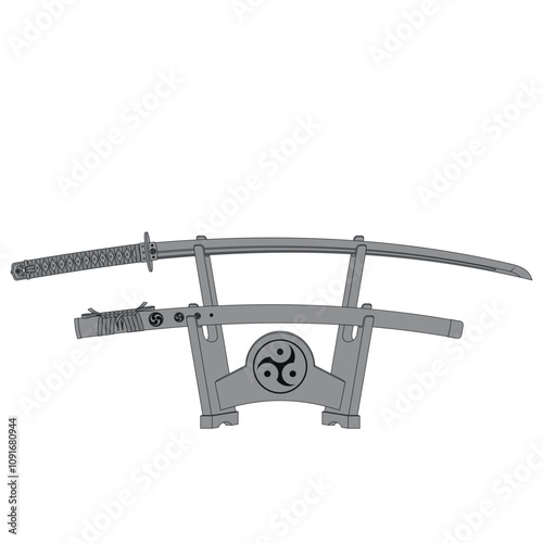 Vector design Samuray Katanas on a wooden base, used by samurai and ninja warriors