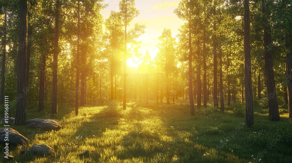 Beautiful sunset view in cedar forest in front of Sayan Mountains Beautiful sunset view in cedar forest in front of Sayan Mountains
