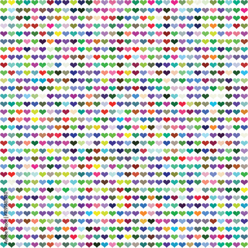 Hundreds of equally sized hearts but with varied vibrant and cheerful colors arranged randomly on white