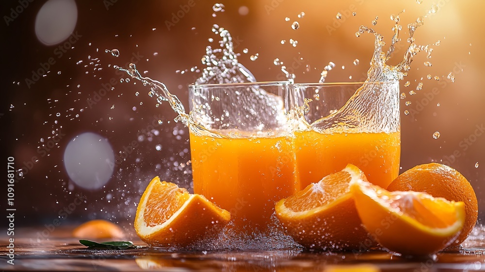 Refreshing Orange Juice Splashing in Glasses
