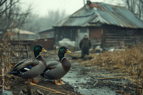 Ducks wander near a rustic farm while a farmer observes in the distance photo