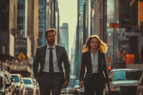 Businessman and businesswoman walking confidently in busy city street