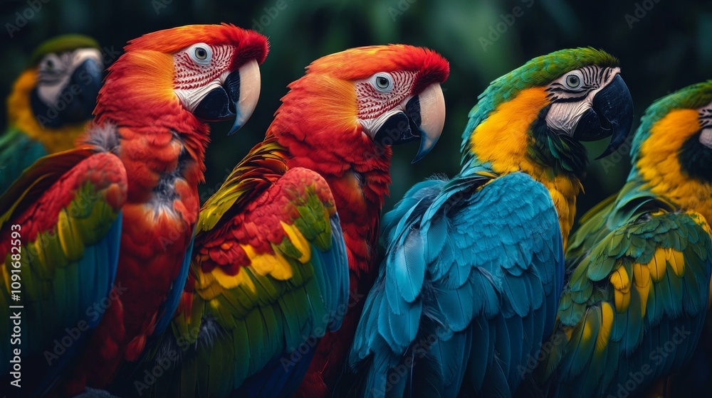 Fototapeta premium Close-Up of Colorful Parrots with Detailed Feathers