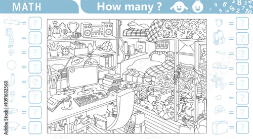 Find, count and color hidden objects in the picture. Teen room interior with furniture and home objects. Cozy children room. Counting math game for kids. Sketch vector illustration.