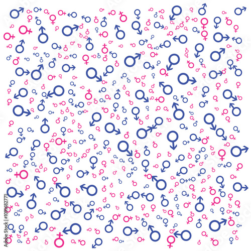Blue male symbols and pink female symbols scattered randomly with random inclinations on white