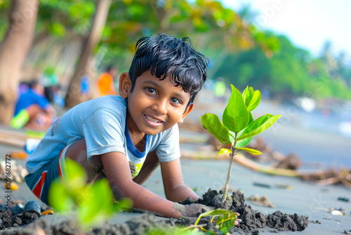 A little Indian boy's acts of service know no bounds, from planting trees to cleaning up beaches, his passion for environmental conservation shines bright as he leads by example. photo