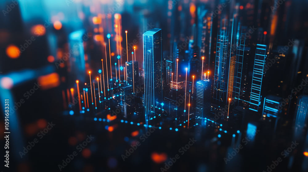 Fototapeta premium Smart digital Innovation Business skyscrapers in the Financial District with connection network reciprocity over the cityscape. of future smart wireless digital city and social media networking