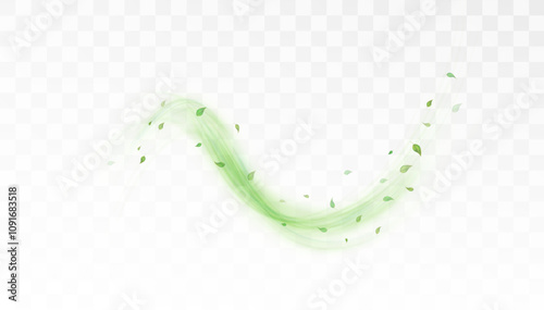 Green bright lines swirl with flying tea and mint leaves on white background. Design for cooling drinks. Vector