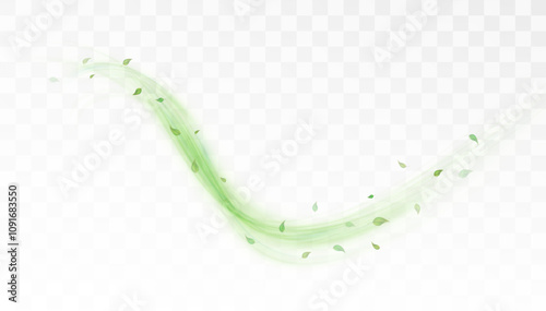 Green bright lines swirl with flying tea and mint leaves on white background. Design for cooling drinks. Vector