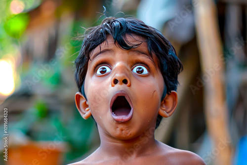 A little Indian boy's expression betrays shock, as he experiences something beyond his imagination, his eyes widening, and mouth dropping open in disbelief. photo