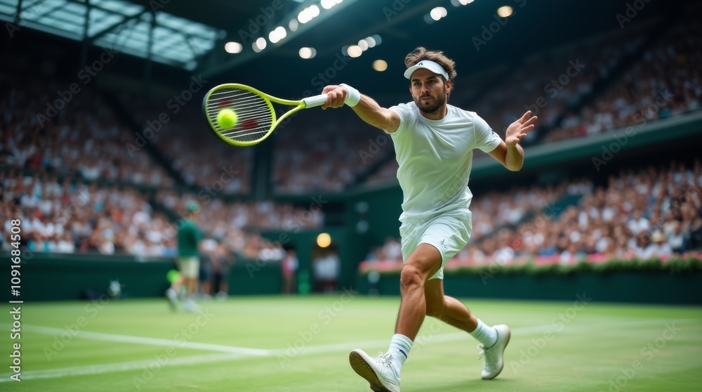 Fototapeta premium tennis player mid-swing during a Grand Slam match, stadium packed with cheering fans, vibrant green court under bright stadium lights, player focused expression and movement frozen in crisp detail