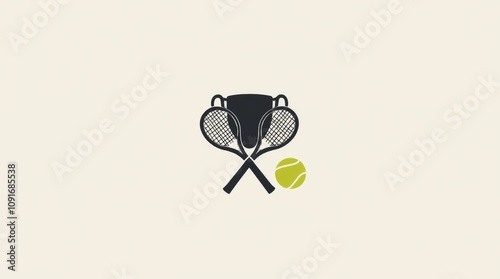 ennis racket and ball crossed under a stylized Grand Slam trophy silhouette, clean design with sharp monochrome lines photo