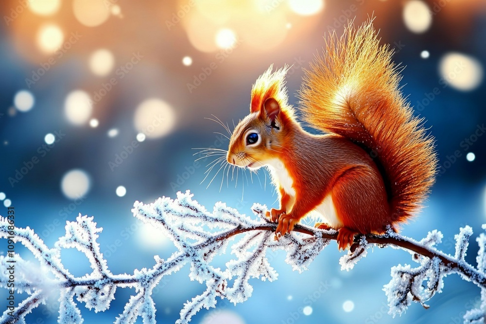 Vibrant red squirrel perched on frosty branch during winter snowfall Vibrant red squirrel perched on frosty branch during winter snowfall
