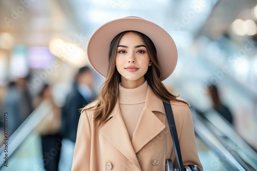 Stylish young woman in hat walks confidently through a modern airport terminal
