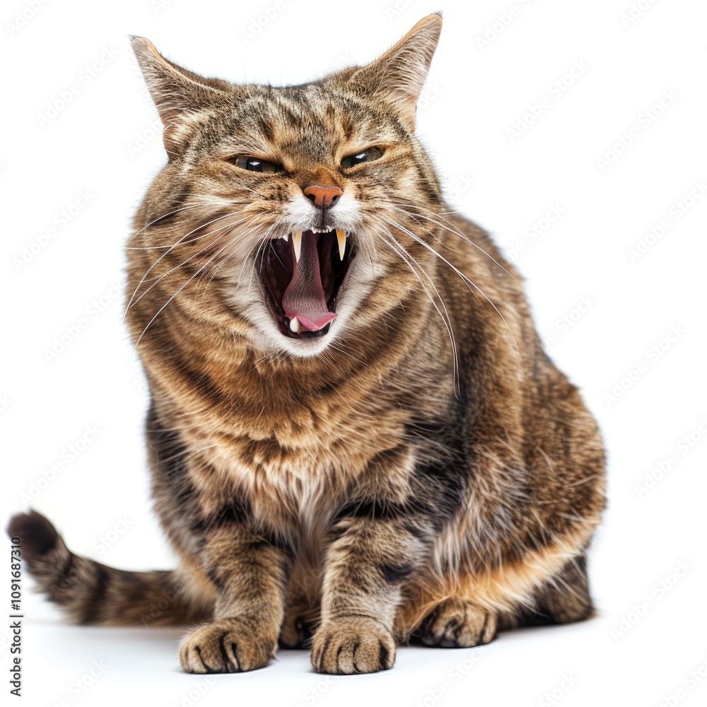 Obraz premium Brown striped tabby cat yawning showing teeth, isolated on white background