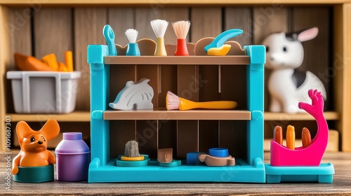 Colorful Toy Storage Unit with Various Cleaning Supplies, Play Figures, and Animal Figurines Perfect for Child’s Imagination and Creative Playtime Adventures photo