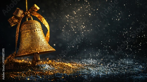 A Christmas card with a golden bell, enhanced with glitter and set against a dark grunge-style black background.