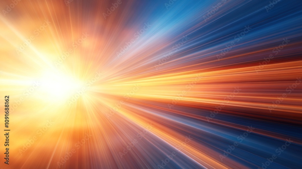 Obraz premium Bright rays of light radiate outward in vibrant colors, blending shades of blue and orange. This dynamic display captures the essence of twilight, evoking a sense of energy and movement