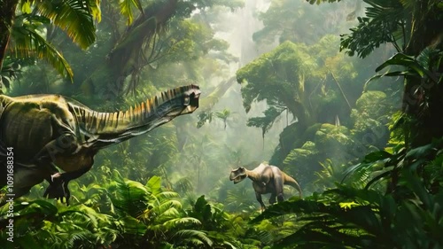 The dense, lush forest is filled with towering trees, bright green leaves, and misty light filtering through the canopy. Among the vegetation there are several dinosaurs roaming around