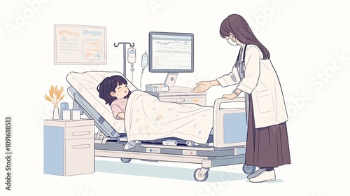 A compassionate doctor attending to a young patient in a hospital bed, ensuring care and empathy in a medical setting. photo