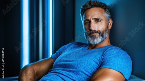 man with a well-groomed beard relaxes in a stylish setting illuminated by soft blue light. He wears a fitted blue shirt, exuding confidence and charisma as he gazes calmly