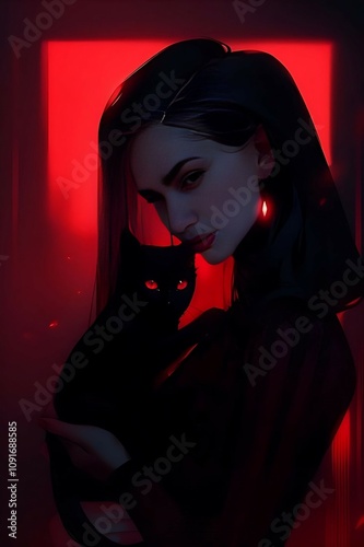 A woman with a cat in the dark of night