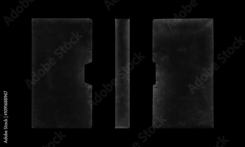 composition of Old VHS video cassette cover box isolated with clear area for mockup on black background in retro Y2K style