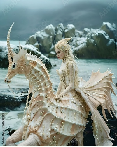 A girl riding a seahorse
