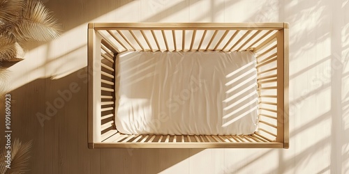Wooden Baby Crib with White Bedding and Natural Light