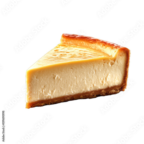 New York style cheesecake slice with a rich dense texture and a light golden top isolated on a transparent background 