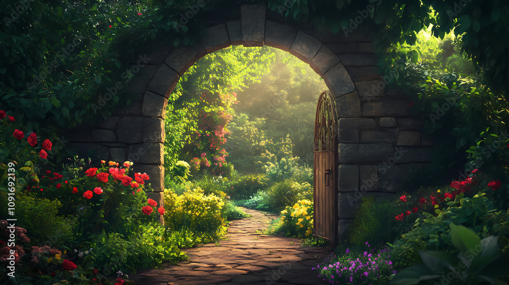 Fototapeta premium Stone archway leading to a lush garden. Secret Garden Door. Illustration