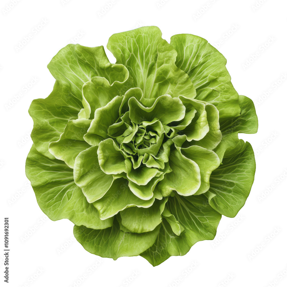 Obraz premium Leafy green lettuce slice with a ruffled texture and pale green core isolated on a transparent background 