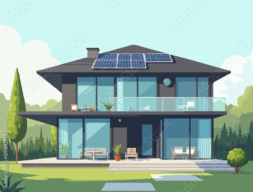 Illustration vector of a modern two-story house with a flat roof, large windows and a solar panel on the roof. The house is surrounded by lush green trees.