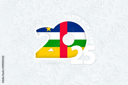 New Year 2025 for Central African Republic on snowflake background.