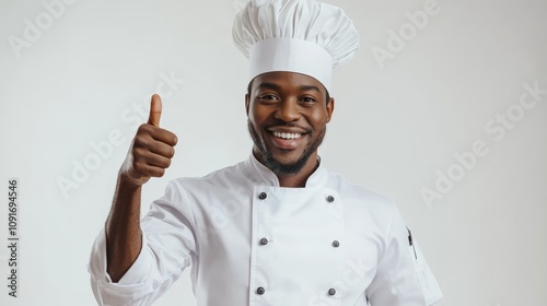 African Male Chef in Uniform Giving a Thumb Up, Expressing Satisfaction and Positivity in a Kitchen Setting Generative AI photo