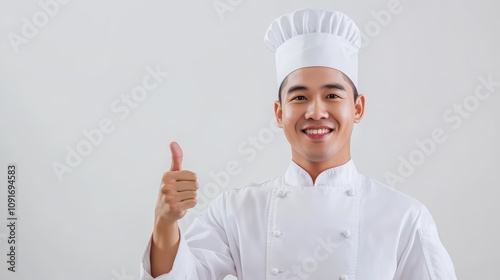 Asian Male Chef in Uniform Giving a Thumb Up, Expressing Satisfaction and Positivity in a Kitchen Setting Generative AI photo