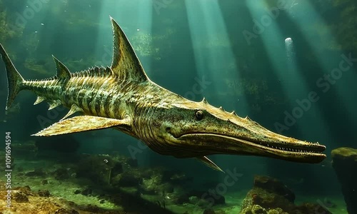 A prehistoric fish swimming in a sunlit underwater scene.