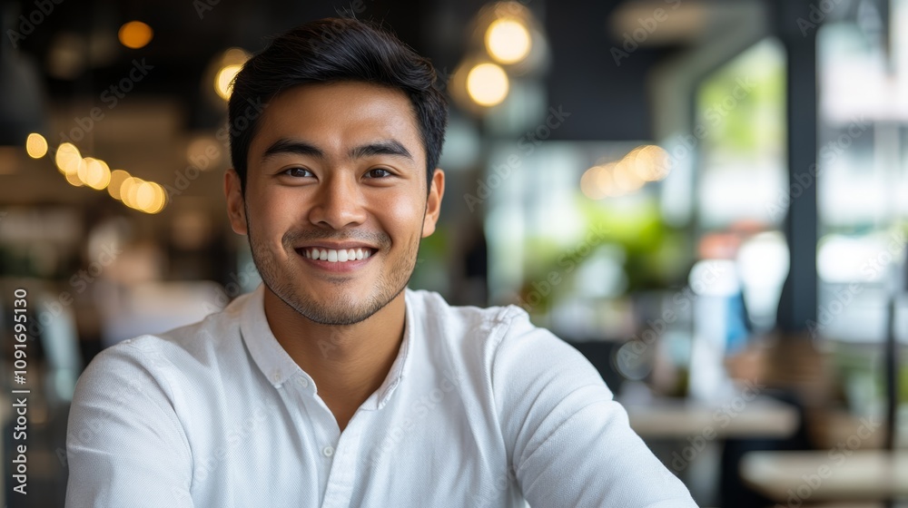 Fototapeta premium Relaxed Asian Man in Modern Office Generative AI