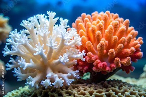 closeup of bleached coral with contrast color of white and red