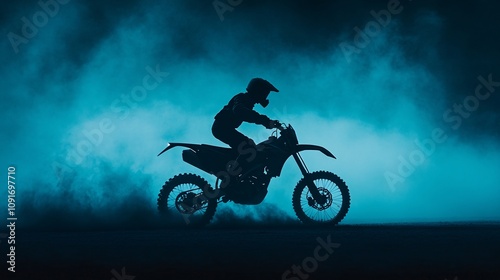 Silhouette of a motocross rider in fog