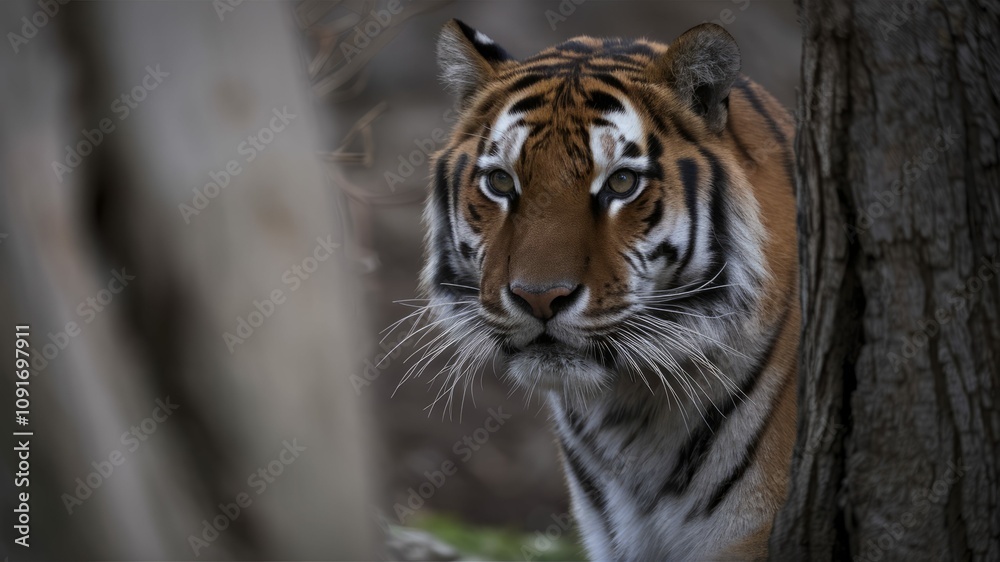 Obraz premium Tiger's Gaze: Captivating portrait of a majestic tiger peeking from behind a tree trunk, its intense eyes filled with a sense of wildness and alertness, showcasing its powerful and graceful presence.
