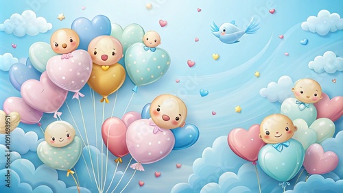 Cute Baby Shower Invitation Banner Featuring Cartoon Helium Balloons and Hearts on a Soft Blue Background for Celebrating Twins photo