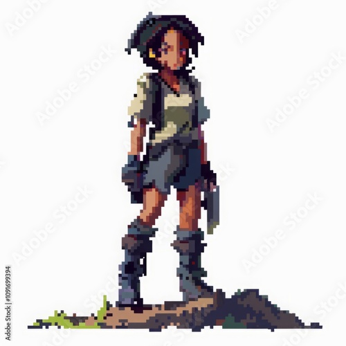 Pixel art character of an adventurous woman with short hair, outdoor clothing, and boots holding a machete. Retro-style video game sprite for exploration and survival concepts. Generative AI