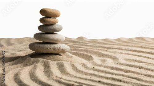 Zen Balance: Stacked stones on rippled sand, a visual metaphor of balance and harmony, creating a sense of serenity.
