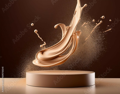 d beige pedestal podium with liquid foundation splash swirl on studio background cream flurry photo